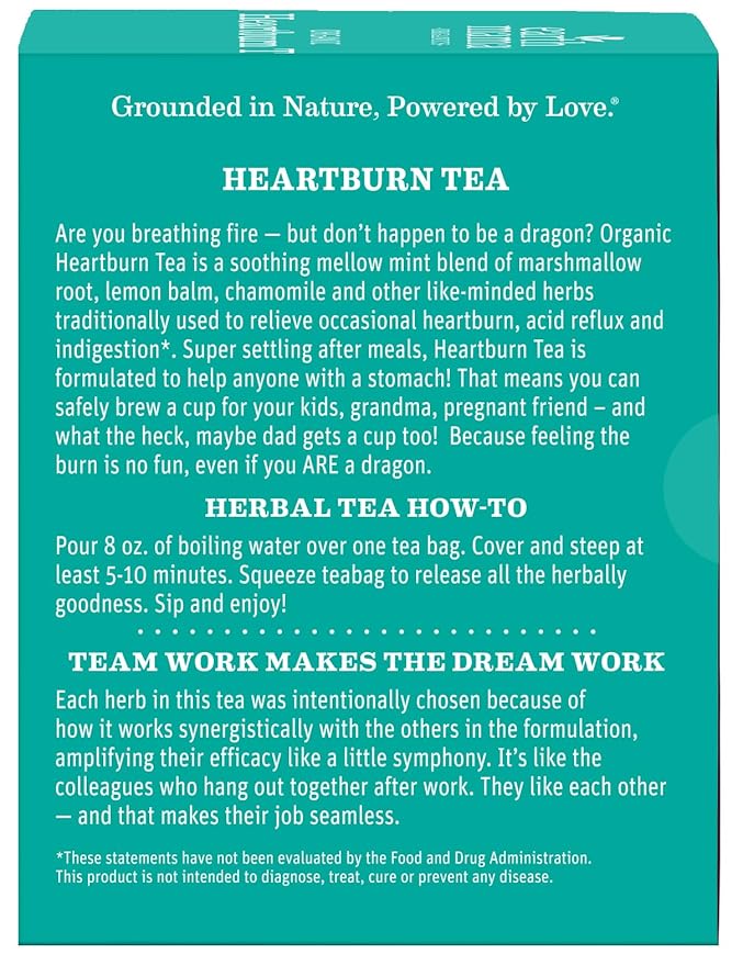 Earth Mama Organic Heartburn Tea | Pregnancy-Safe Soothing Herbal Blend with Marshmallow Root, Lemon Balm & Chamomile, 16 Teabags Per Box (2-Pack)