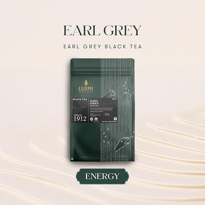 Luxmi Estates Garo Hills Organic Earl Grey Black Tea 250g Loose Leaf Pack | USDA Organic - Earl Grey Tea Bags | 100% Natural Bergamot Extracts | 125 Cups | Assam Black Tea | A Great Morning Cup as an Alternative to Coffee