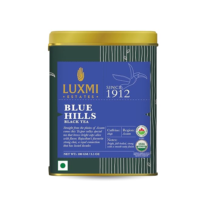 Luxmi Estates - Blue Hills - Organic CTC Assam Black Tea - Loose Leaf - 100g (50 Cups) | Jodhpur Blend - Rajasthan's Favorite Chai | Strong Cup of Original Indian Chai Tea - No Spices