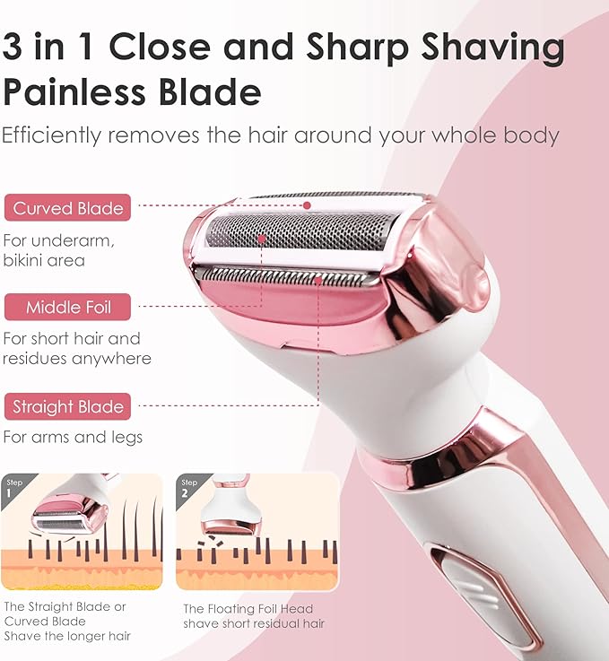Electric Razors for Women, 4 in 1 Electric Women Shaver, Hair Removal Epilators for Leg Face Arm Bikini Armpit Pubic Hair, Cordless Rechargeable Portable Women's Bikini Trimmers, White