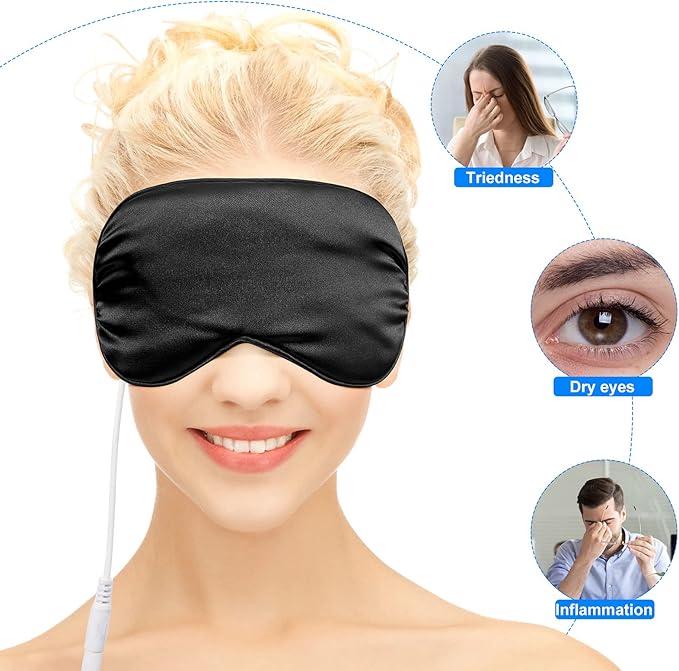 2 Pieces Silk Heated Eye Mask for Dry Eyes USB Steam Warm Compress for Puffy Eyes Adjustable Temp Sleep Eye Mask for Dry Eye, Chalazion, Blepharitis, Stye (Black, Pink)