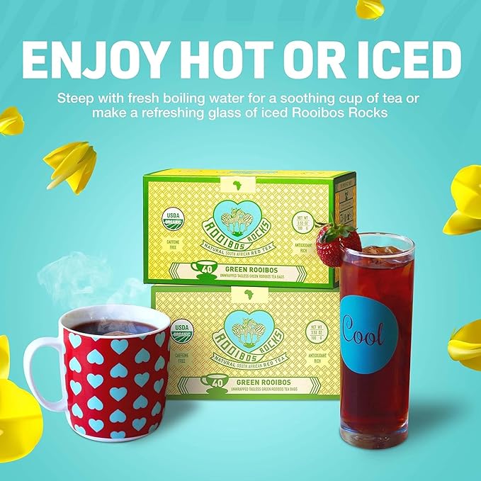 Organic Green Rooibos Tea Bags - 40 Rooibos Green Tea Bags – Naturally Sweet Herbal Tea Rich in Antioxidants – Kid & Pregnancy Safe Tea - USDA Organic Rooibos Tea, Lighter-Bodied Caffeine Free Tea