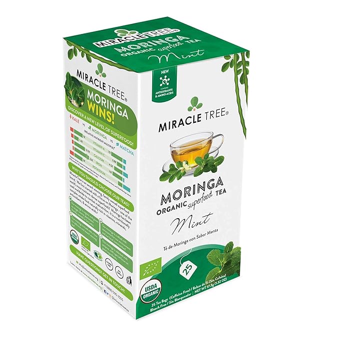 Miracle Tree - 6 Count of Organic Moringa Superfood Tea, 25 Individually Sealed Tea Bags, Mint (Keto, Detox, Energy/Immunity Booster, Vegan, Gluten-Free, Organic, Non-GMO, Caffeine-Free)