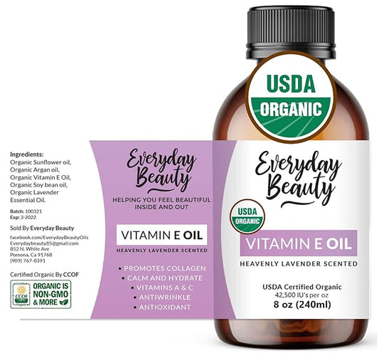 Organic Vitamin E Oil - Heavenly Lavender Scented USDA Certified 100% All Natural Plant Based 8oz - Lightweight and Great for Scars After Surgery - For Face, Skin and Nails - Anti Aging