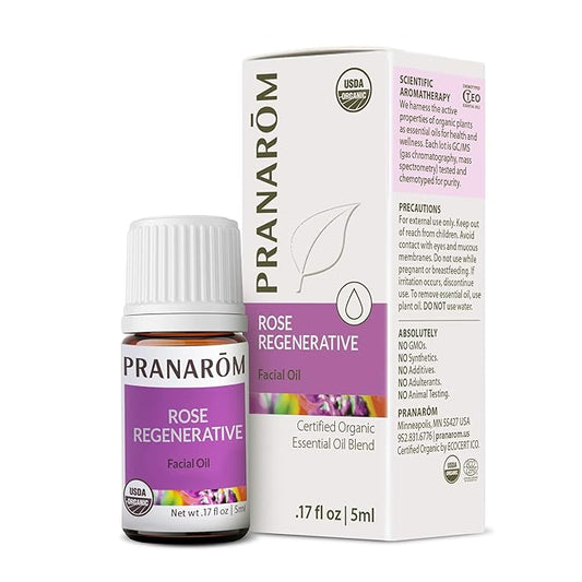 Pranarom - Rose Regenerative Facial Essential Oil Blend (5ml) - Lavender, Rosehip Seed, Frankincense, and Lemon - 100% Pure Essential Oil for Skincare | USDA and ECOCERT Certified Organic