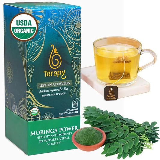 Térapy Ceylon Organic MORINGA TEA | USDA Organic Herbal Tea Bags| Helps with Vitality & Antioxidants | 100% Natural Ayurvedic Ingredients | 20 Individually Wrapped Tea Bags