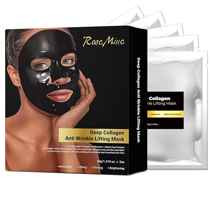Black Pearl Collagen Face Mask Sheet, Hydrating and Anti-Aging Face Mask with Fullerene and Black Pearl Essence to Nourish Skin, 40g x 5ea