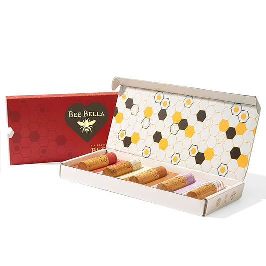 Bee Bella Lip Balm Holiday Gift Box, Cherry, Lavender Vanilla, Vanilla Bean, Pumpkin Spice, Candy Cane, 5 Pack, Easter Basket Gift, Organic Beeswax with Vitamin E, Handmade in USA