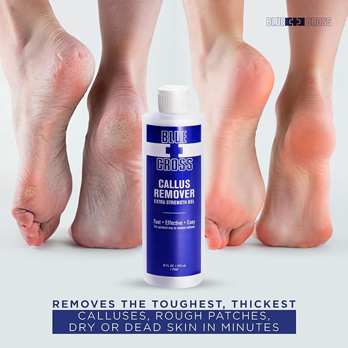 Blue Cross Hydrating, Moisturizing, Strengthening Cuticle Remover Oil with Lanolin + Extra Strength Callus Remover Gel for Heel or Feet, 16 oz each, 2 pack Bundle