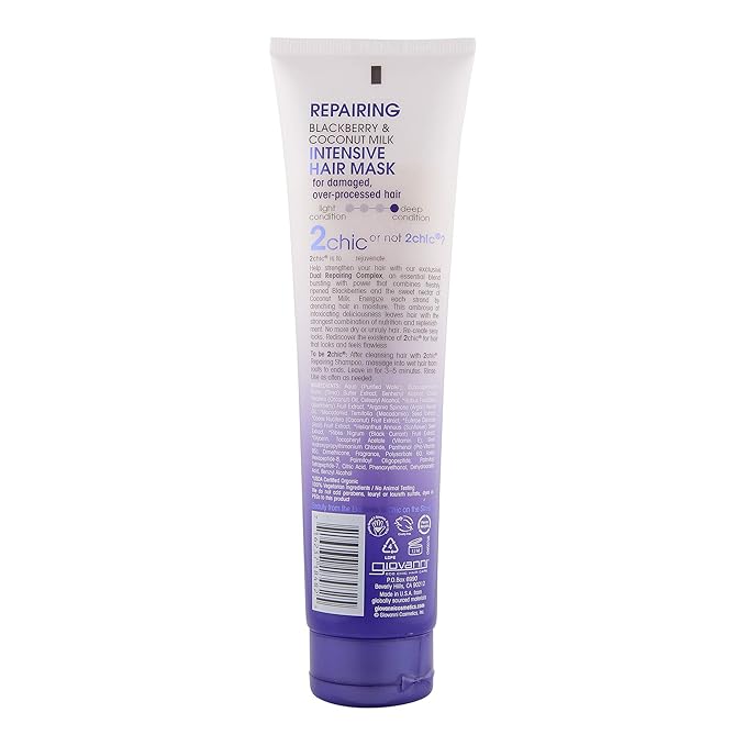 GIOVANNI 2chic Ultra-Repairing Hair Mask - Blackberry & Coconut Oil for Dry, Damaged & Processed Hair, Argan, Jojoba, Shea Butter & Keratin, Lauryl & Laureth Sulfate Free, Color Safe - 5 oz