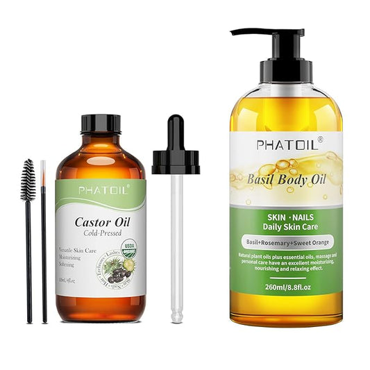 Castor Oil Organic Cold Pressed 118ML and Basil Body Oil 260ML