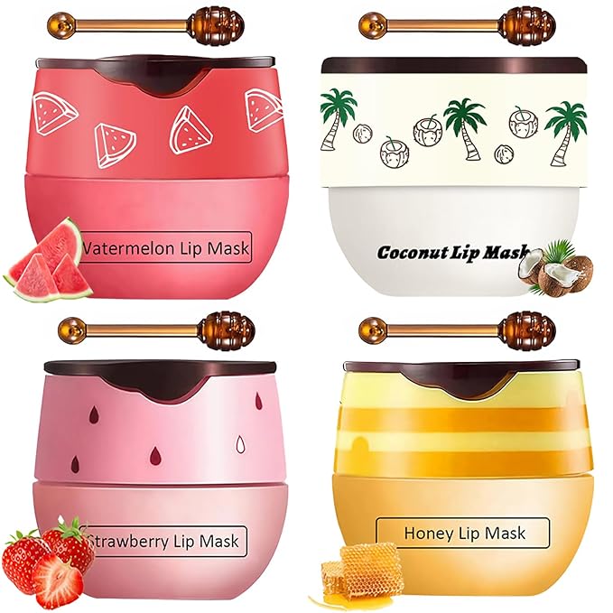 4 PCS Bee Lip Balm Lip Mask Honey Pot, Coconut Honey Strawberry Watermelon Moisturizing Sleeping Lip Mask Overnight with Sticks, Lip Balm Exfoliating Prevention Dry and Crack Lip Scrubs