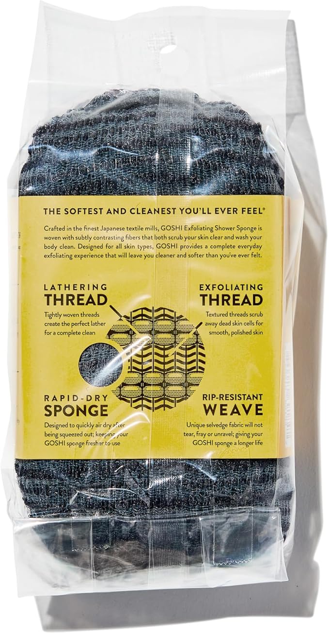 GOSHI Exfoliating Shower Sponge - Rip-Resistant, Rapid-Drying Exfoliating Bath Sponge for All Skin Types - Grey - Made in Japan