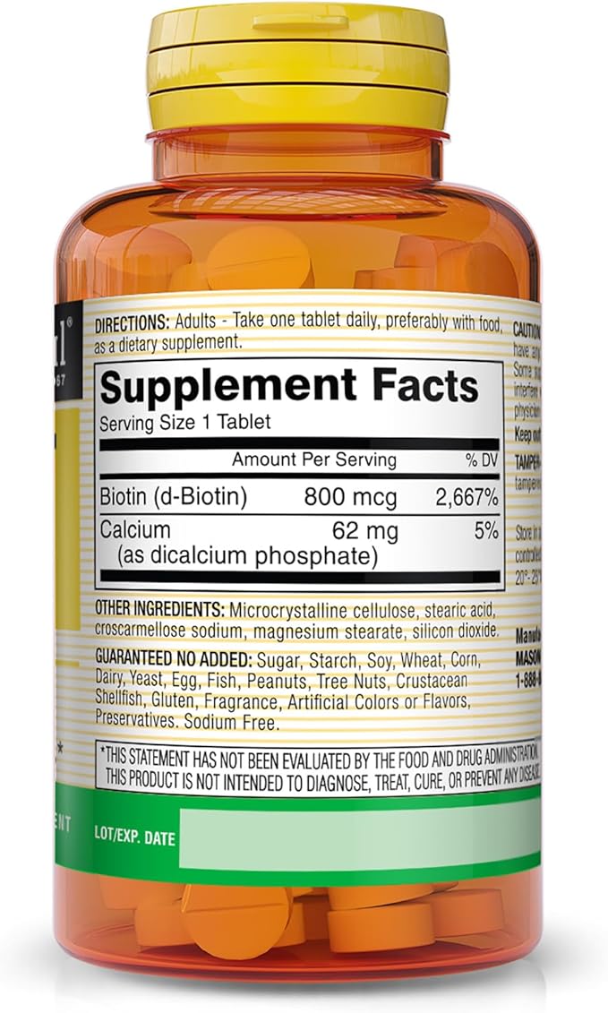 MASON NATURAL 800 Mcg Tablets, Dietary Supplement, Support and Strengthens Healthy Hair and Nails Biotin, 60 Count, Pack of 3
