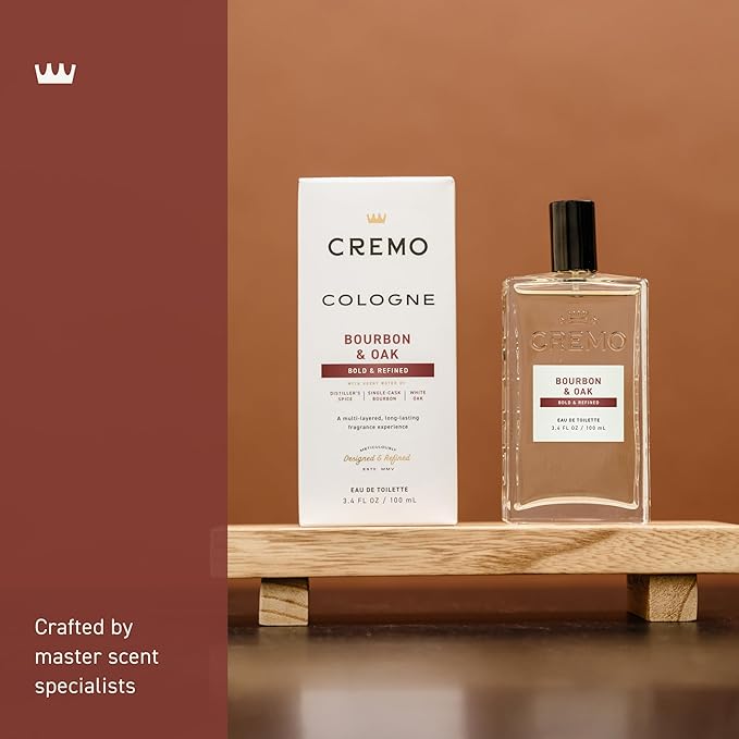 Cremo Cologne for Men - Bourbon & Oak Mens Cologne Spray - A Sophisticated Blend of Distiller’s Spice, Fine Bourbon and White Oak, Fragrances For Men, 3.4 Fl Oz