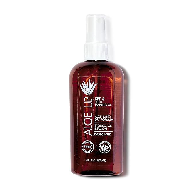 Aloe Up Light Tanning Oil With SPF 6 Sunscreen - Body and Face Tanning Oil for Outdoor Sun - With Pure Aloe Vera Oil and Natural Oils - Absorbs Quickly - Reef Friendly - Fresh Tropical Scent - 4 Oz