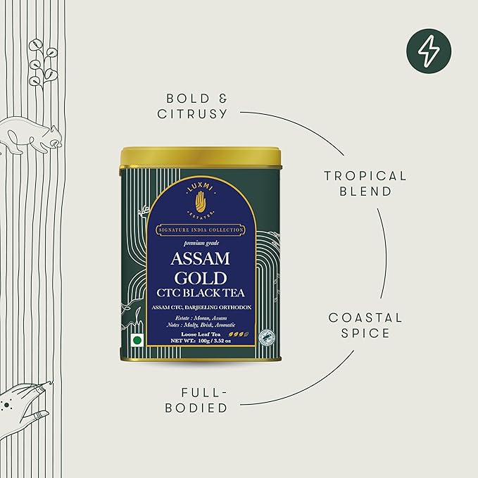 Luxmi Estates Assam Gold Chai | 100 gm | Signature India Collection | CTC Tea | Black tea collection | Organic Strong tea | Antioxidants | Assam Valley tea | Cardamom, Saffron, Cinnamon, Natural Cardamom Extract