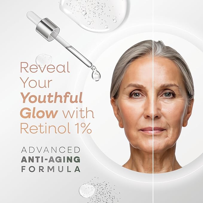RETINOL 1% FACE SERUM - Anti-Wrinkle Serum, Deep Wrinkle Treatment with Hyaluronic Acid, Apple Stem Cells, and Citrus Extract - Serum for Fine Lines, 1 oz Glass Bottle