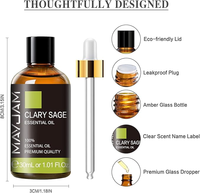 Clary Sage Essential Oil 30ML/1.01FL.OZ, MAYJAM Premium Clary Sage Oil Essential Oils with Glass Dropper, Great for Aromatherapy Diffuser and Candle Making