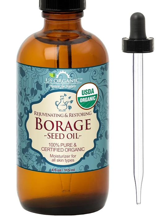 US Organic Borage seed Oil (18% GLA), USDA Certified Organic, 100% Pure & Natural, Cold Pressed, aka Starflower oil, in Amber Glass Bottle w/Eye dropper for Easy Application (4 oz (115 ml))