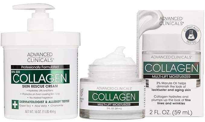 Advanced Clinicals Collagen Cream W/Hyaluronic Acid Face Moisturizer + Collagen Body Cream 2pc Skincare Set For Women & Men To Reduce Appearance Of Wrinkles, Fine Lines, & Uneven Skin Tone, 2pc Set