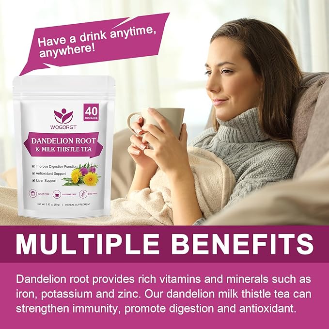 Dandelion Root with Milk Thistle Tea Bags - Natural Dried Dandelion Root and Milk Thistle Herbal Tea bags for Liver Cleanse, Antioxidant and Immune Support, Caffeine Free - 40 Tea Bags
