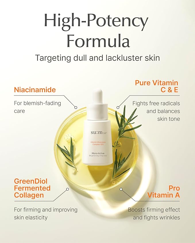 SU:M Micro-Active Toning Ampoule (0.5 fl oz) - High Potency Serum for Immediate and Firming, All Skin Types, Korean Skin Care. Pure Vitamin C & E, Niacinamide.