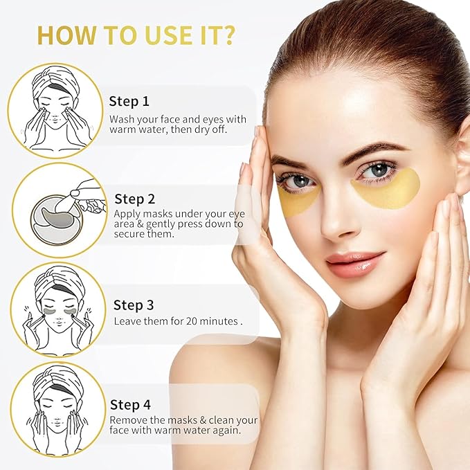 Gold Eye Mask – Collagen Under Eye Patches for Puffy Eyes, Dark Circles & Wrinkles – 20 Pairs (For Women & Men)