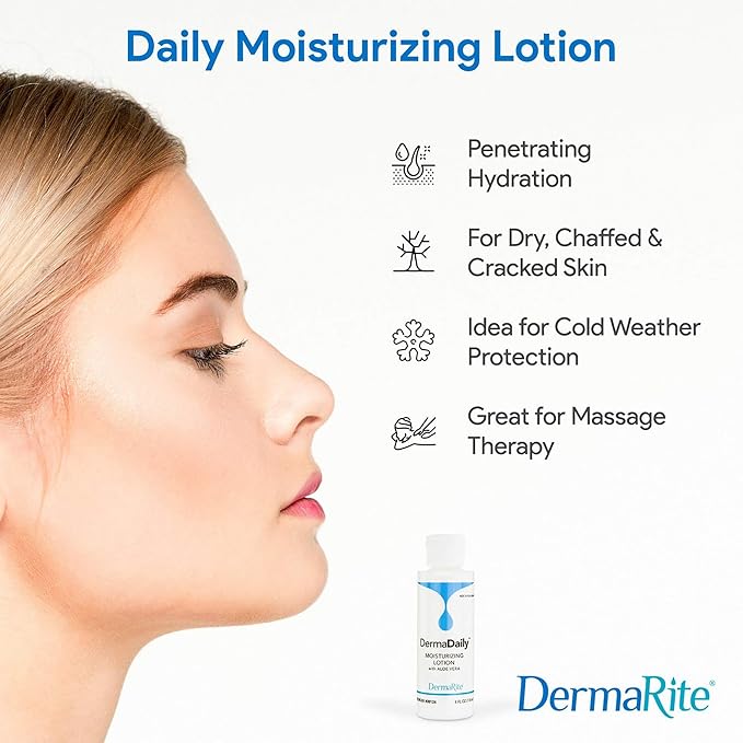 DermaRite's DermaDaily Moisturizing Lotion for Hand and Body - Daily Use Skin Moisturizer with Aloe Vera, Non-Greasy Formula - 7.5 oz. Bottle, 2 Count