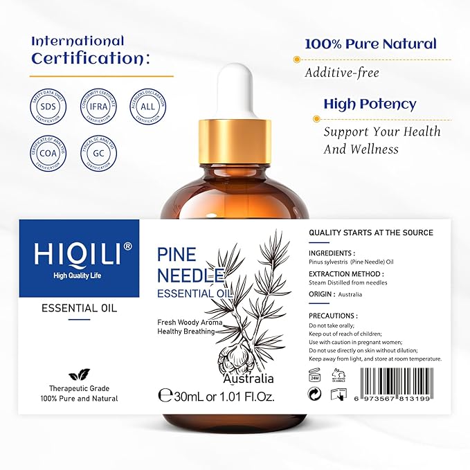 HIQILI Pine Needle Essential Oil, Strong Fresh Woody Fragrance for Better Breath Used with Aromatherapy Diffuser, Soap Candle Making Scent, DIY Perfume, Beard Shave and Cleaning Spray - 30ml