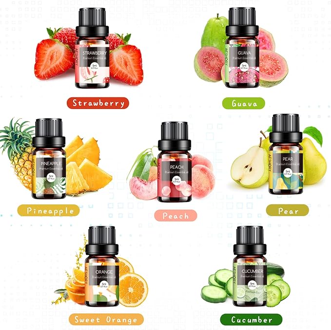 Fruity Essential Oils Set - TOP 14 Fragrance Oil for Diffusers, Candle Making Includes Strawberry, Apple, Pineapple, Cucumber Melon, Cherry, Mango, Lemon, and Orange Scented Aromatherapy Oils (5ml)