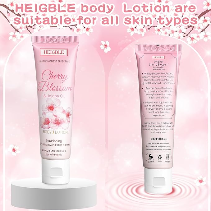 50 Pack Travel Size Body Lotion 1 oz Cherry Blossom and Jojoba Oil Body Lotion Dry Skin Moisturizer with Flip Cap for Extra Dry Skin, Inns, Hotels Resorts, Airlines, Offices, Gyms and More