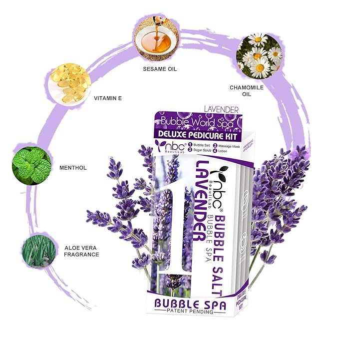 Pedicure Kit Foot Soak Set: Bubble Salt, Sugar Scrub, Massage Mask, Massage Lotion in a Box, 4 Step Foot Spa Kit for Dry Feet, Softens Calluses, Tired Feet（3 Set Lavender)