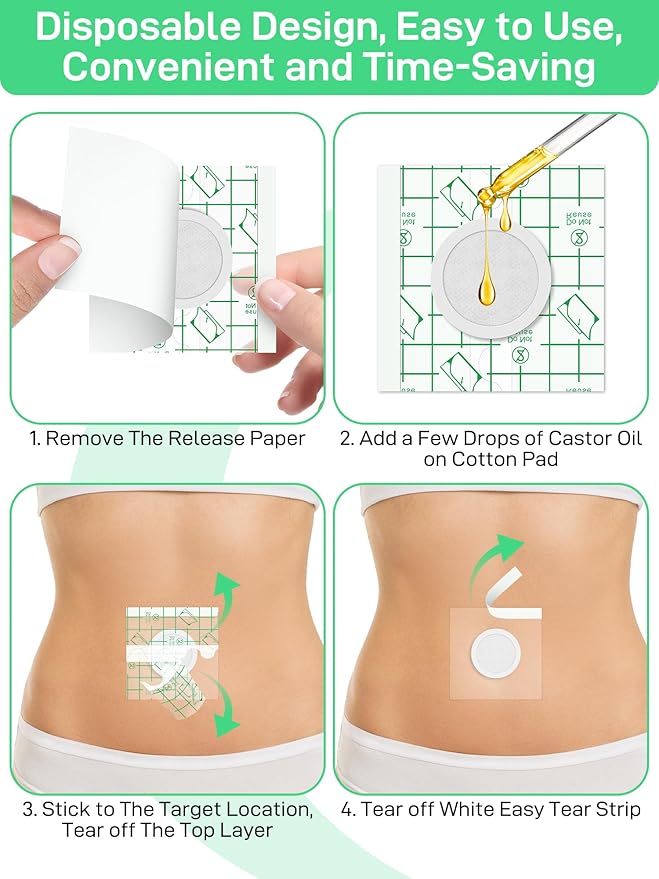 24Pcs Disposable Castor Oil Belly Button Patches PU Film, Self-Adhesive Castor Oil Pack Wraps with Organic Cotton Pad for Belly Button Cover, Water-Resistant, Anti Leakage, 3.1 x 3.1 Inch