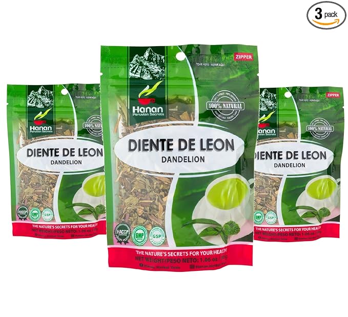 Hanan Dandelion Loose Herb Tea 3.2oz (90g Diente de Leon) - Pack of 3 Pouches with 30 Grams Each of All-Natural Dandelion Root Flower Plant Leaves from Peru