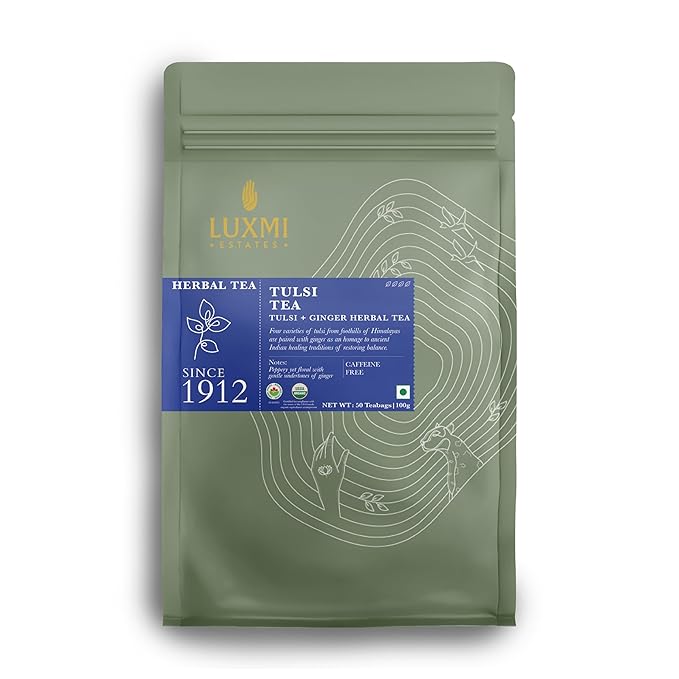 Luxmi Estates - Holy Basil - Organic Tulsi Tea - 50 Tea Bags | With Tulsi and Ginger | Provides Immune Support, Stress Relief and Uplifts Mood