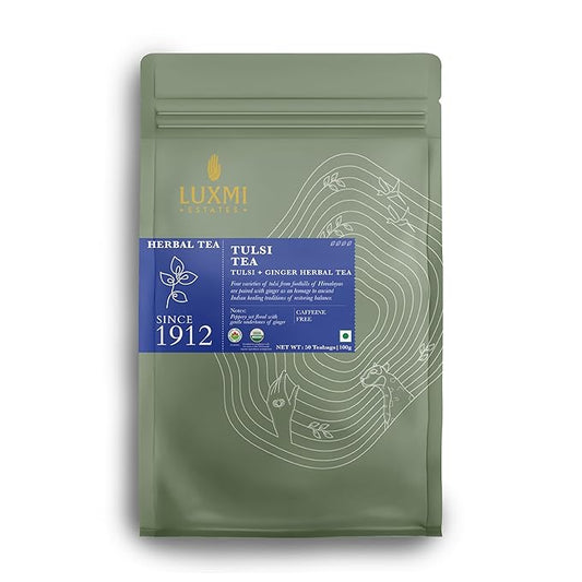 Luxmi Estates - Holy Basil - Organic Tulsi Tea - 50 Tea Bags | With Tulsi and Ginger | Provides Immune Support, Stress Relief and Uplifts Mood