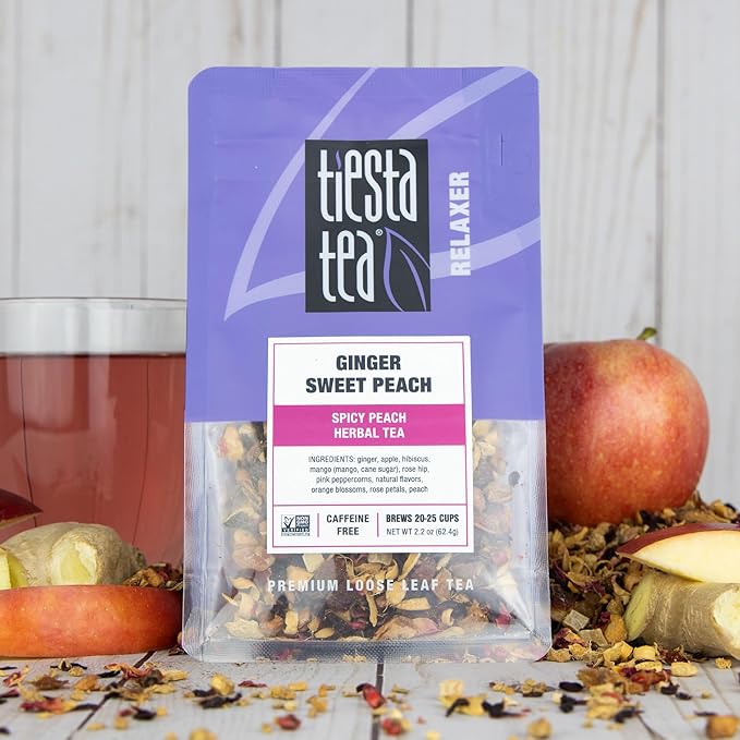 Tiesta Tea - Ginger Sweet Peach | Loose Leaf | Spicy Peach Herbal Tea | Non-Caffeinated Tranquility Blend | Bulk Herbal Leaves with Hibiscus & Cane Sugar | 25 Cups | 2.2 Ounce Resealable Pouch
