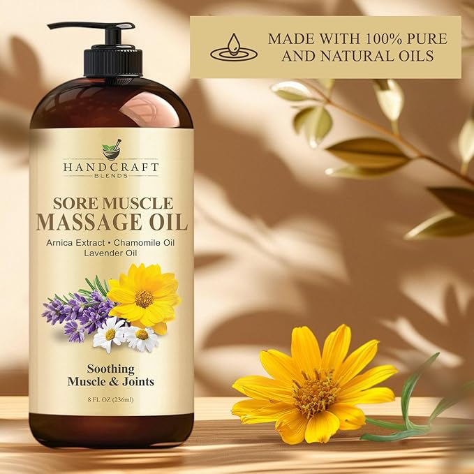 Handcraft Blends Sore Muscle Massage Oil 8 Fl Oz - Moisturizing Body Oil for Massage Therapy - Made with Arnica Extract, Chamomile, Lavender, Peppermint Oils