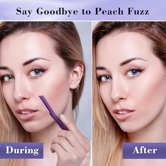 Dermaplane Razor for Women Face with 6 Refill Blades, Dermaplaning Tool Face Razors for Removes Facial Hair, Peach Fuzz, Reusable Metal Handle Eyebrow Razor (Purple)
