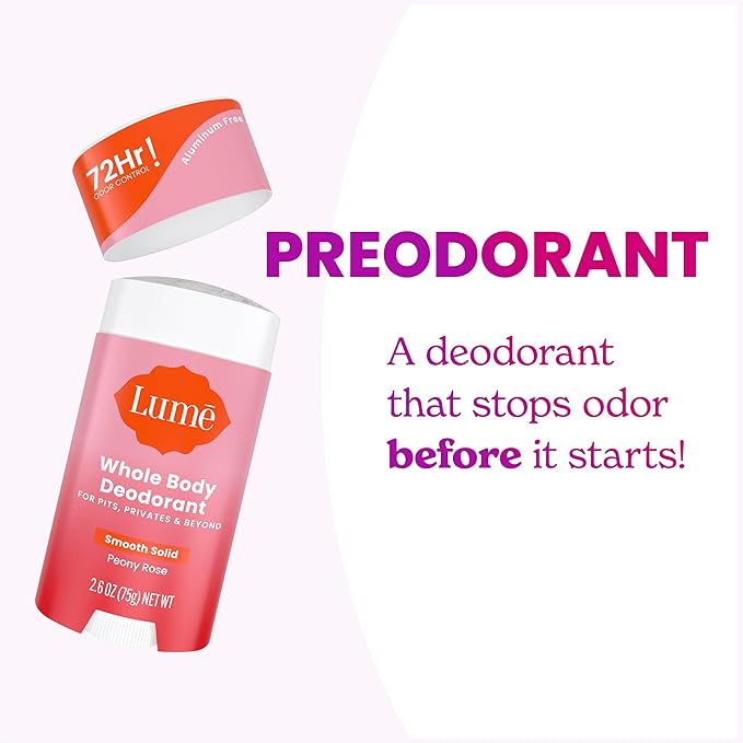 Lume Skin Care Gift Set for Women, Whole Body Deodorant Starter Pack - Smooth Solid Stick, Invisible Cream Tube, Acidified Body Wash Mini & Deodorant Wipes - Aluminum Free Odor Control (Peony Rose)