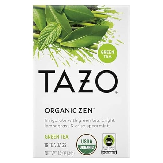 TAZO Organic Zen Green Tea, Caffeinated Tea with Refreshing Lemongrass & Spearmint, 16 Total Bags
