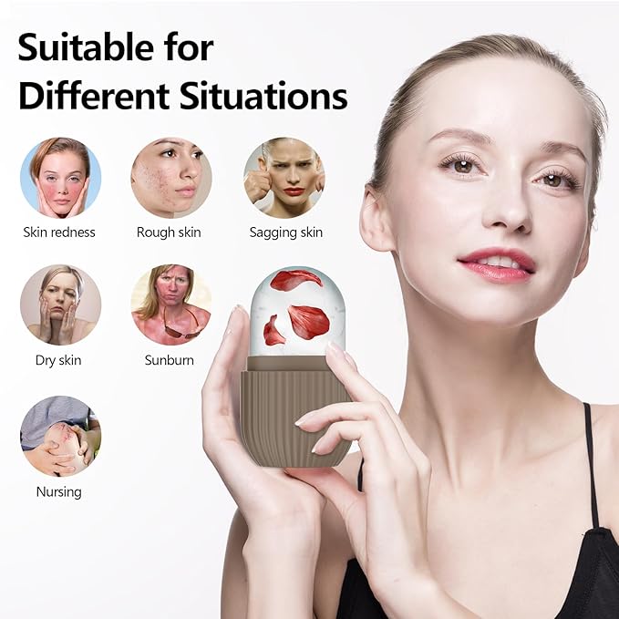 2pcs Ice Roller for Face and Eye, Silicone Ice Facial Roller Ice Holder, Face Ice Mold Skin Care, Face Icers Reusable Ice Cube Roller for Shrink Pores Anti Wrinkle Reduce Puffiness, Yellow Brown