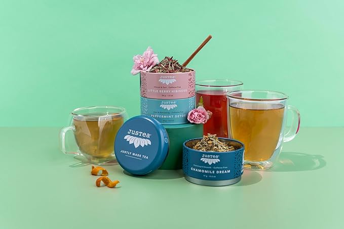 JusTea Herbal Tea Trio | Stacking Tins Variety Pack with Hand Carved Tea Spoon | Loose Leaf Tea | Caffeine Free | Award-Winning | Fair Trade | Non-GMO