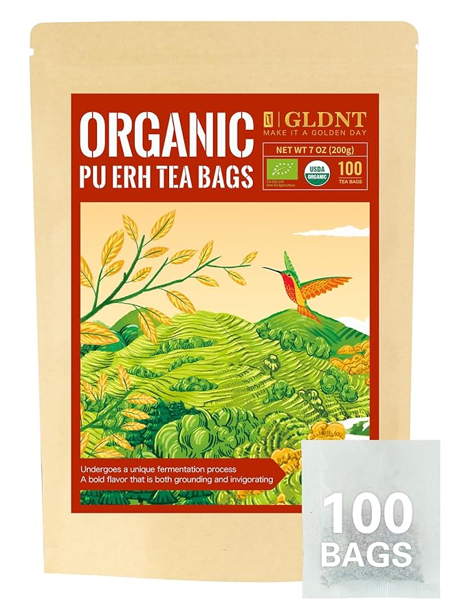 GLDNT Organic Pu-erh Tea Bags, Fermented Yunnan Dark Tea, Bold & Mellow Flavor, Caffeinated, 100 Count