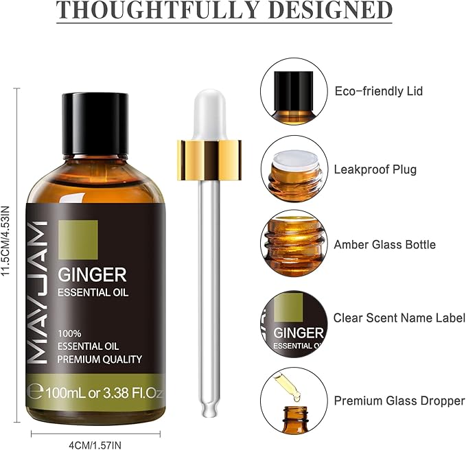 Ginger Essential Oil 100ML/ 3.38FL.OZ, MAYJAM Premium Ginger Oil for Diffuser, Massage, Candle Making, Long Lasting Scents