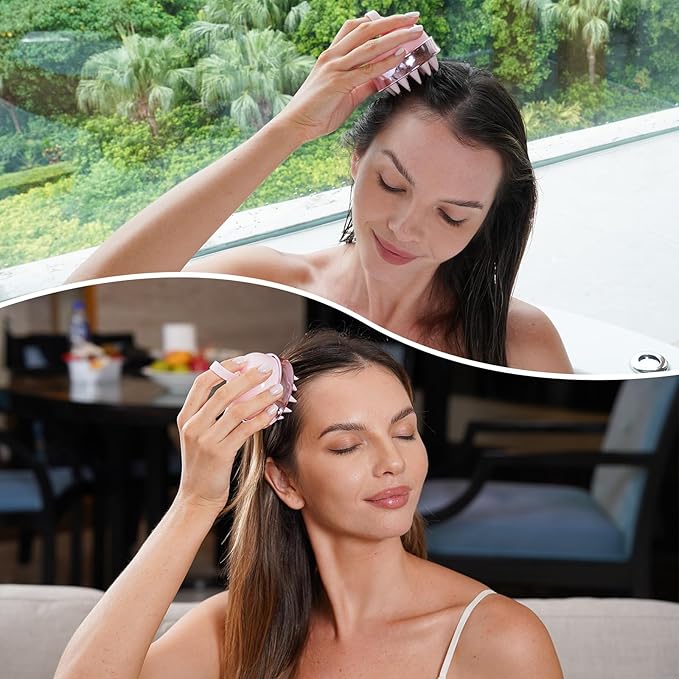 2 in 1 Scalp Massager Shampoo Brush with Soft Silicone Bristles for Hair Growth and Dandruff Removal, Hair Brush Head Massager Scalp Scrubber Exfoliator for Both Wet and Dry Use (Pink)