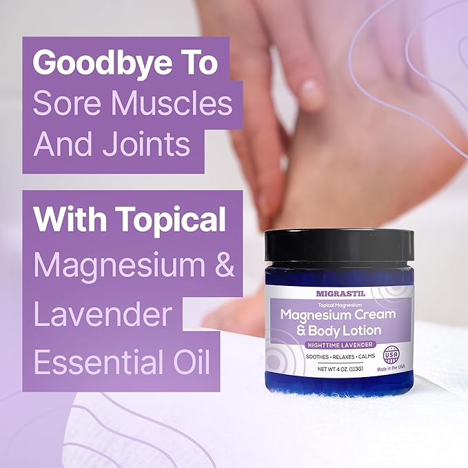 Nighttime Lavender Magnesium Cream & Non-Greasy Body Lotion. Extra Strength 250mg Magnesium Chloride for Muscle Relief, Leg Cramps, Relaxation and Sweet Sleep. Vegan, Made in The USA.