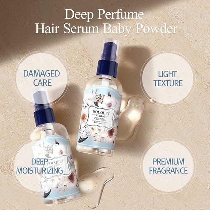Bouquet Garni Deep Perfume Hair Serum Baby Scent Fragrance - Anti-Frizz Hair, Quick Absorption, Long-lasting (Containing Amino acids, Proteins, Hyaluronic Acids, Vegan Oils) - 3.4 oz