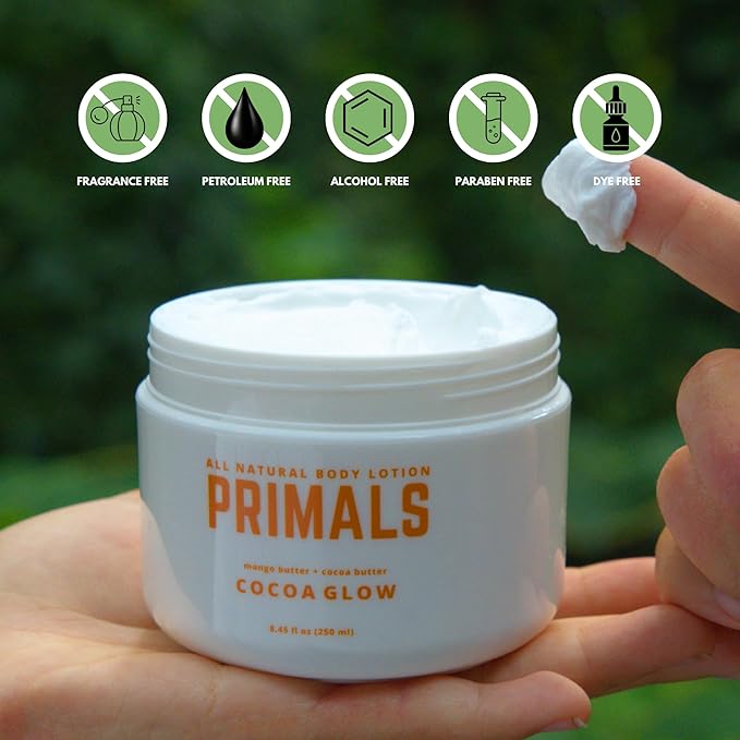 PRIMALS All Natural Body Lotion - Cocoa Butter & Mango Butter - 100% Naturally Derived Ingredients - Alcohol Free, Artificial Fragrance Free, Paraben Free, Petroleum Derivative Free - 8.45 oz